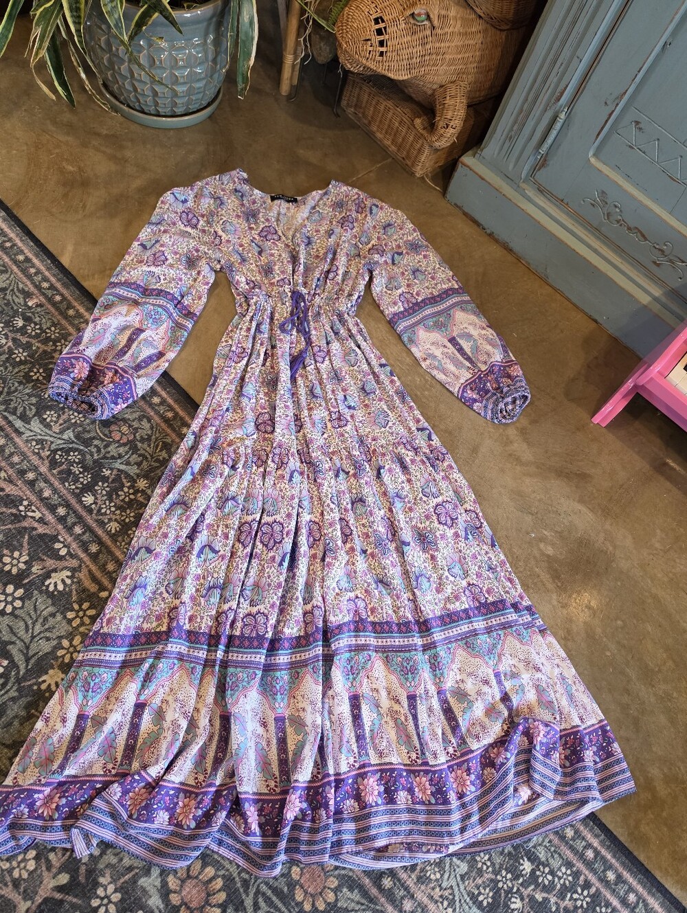 Few Moda Boho Purple Floral Peasant Puff Sleeve Maxi Flowy Dress Size Xs